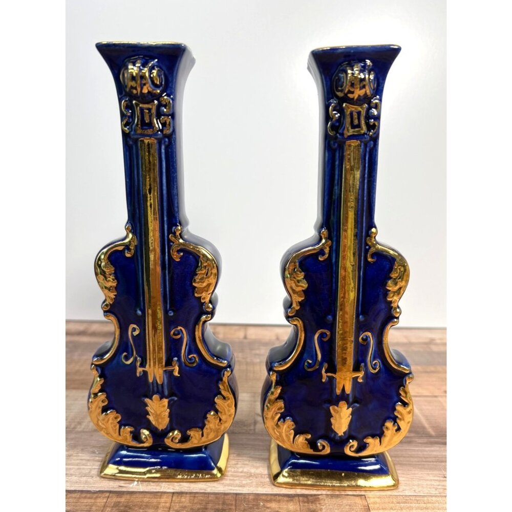 2 Vintage Cobalt Blue & Gold Violin Shaped Ceramic Wall Pockets Decorative